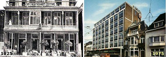 Links op de foto Hetel Central in 1925 en rechts Badhotel in 1975