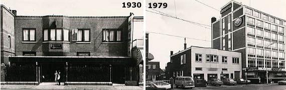 Links Pavillon Oriental in 1930 en rechts hetzelfde gebouwe in 1979