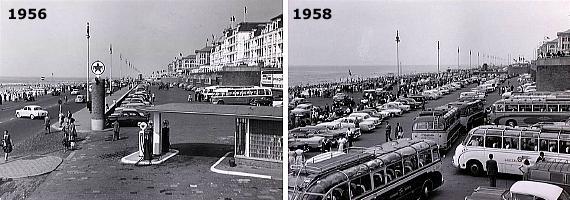 Links Caltex benzinestation op boulevard in 1956 en rechts veel geparkeerde auto's in 1958.